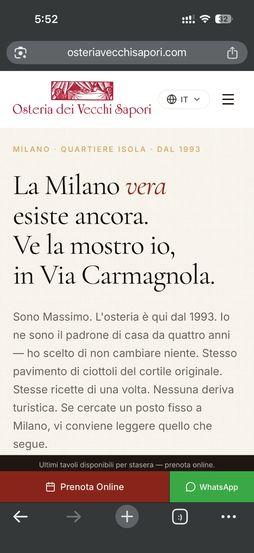 Screenshot del sito dell'Osteria dei Vecchi Sapori di Massimo