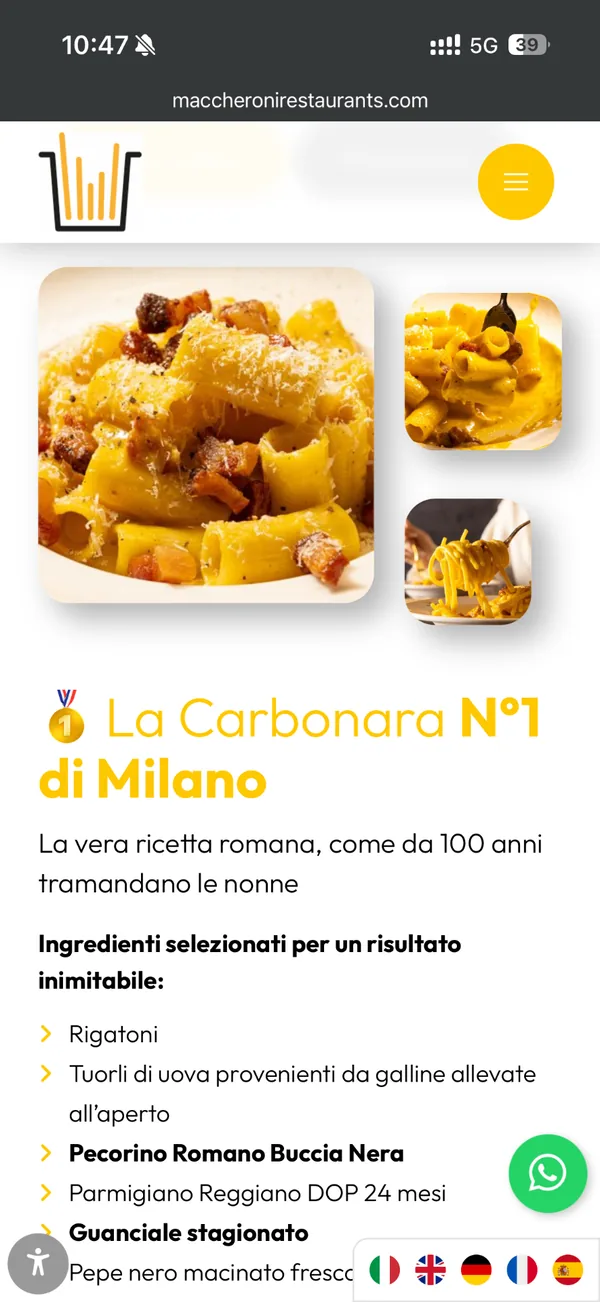 Screenshot del nuovo sito del Ristorante Maccheroni di Pierandrea
